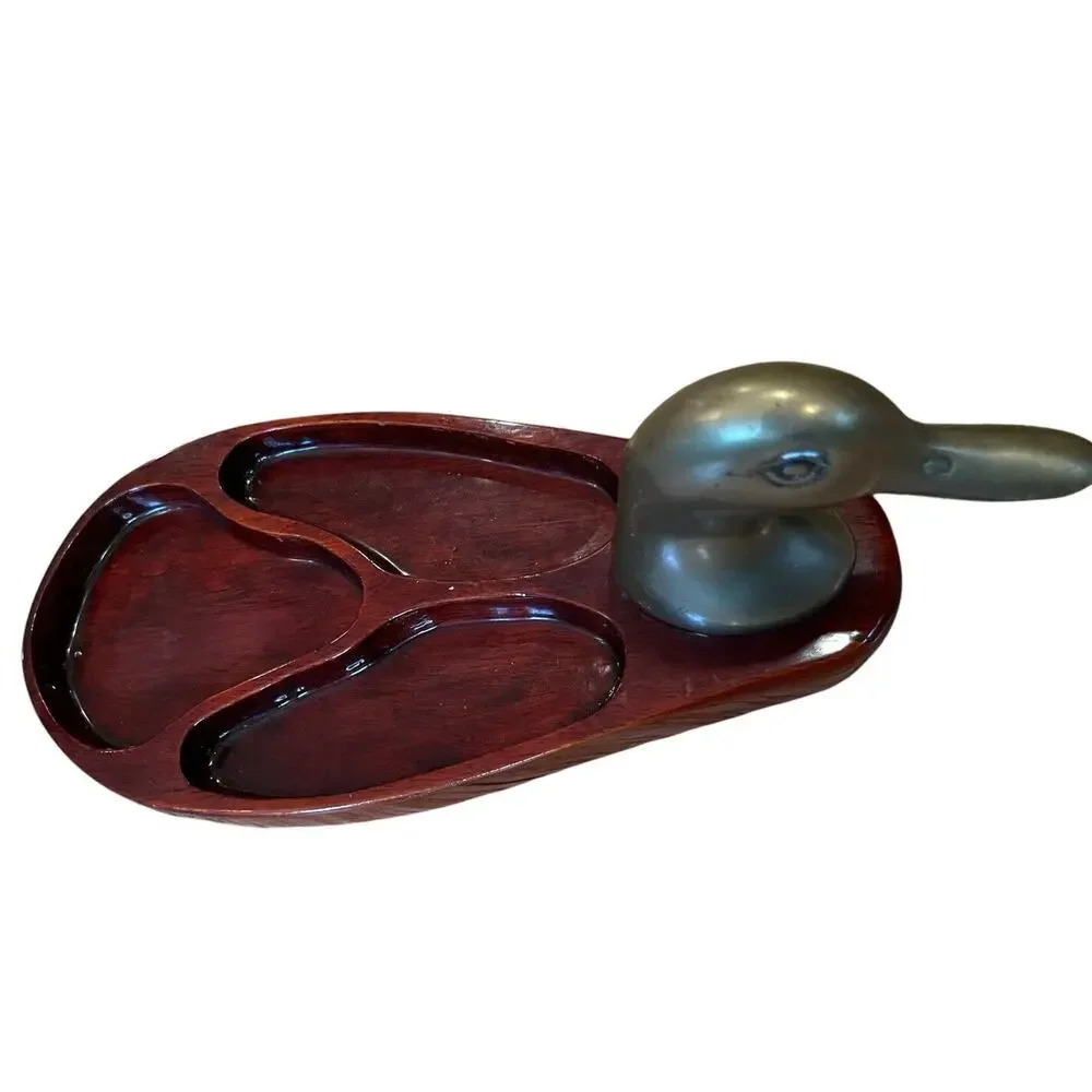 Vintage Solid Brass Duck Head Wood Dresser Valet Tray Desk Organizer Trinket Key